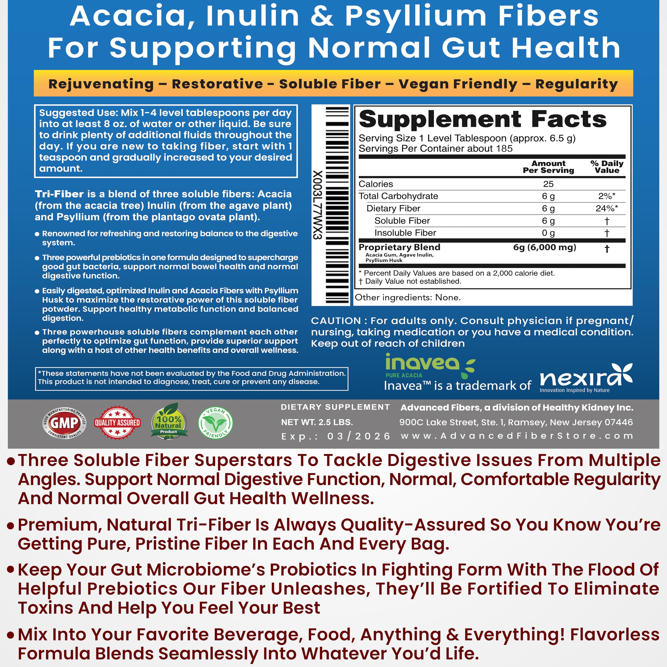 Nutrition facts and serving size label on Tri-Fiber packaging.