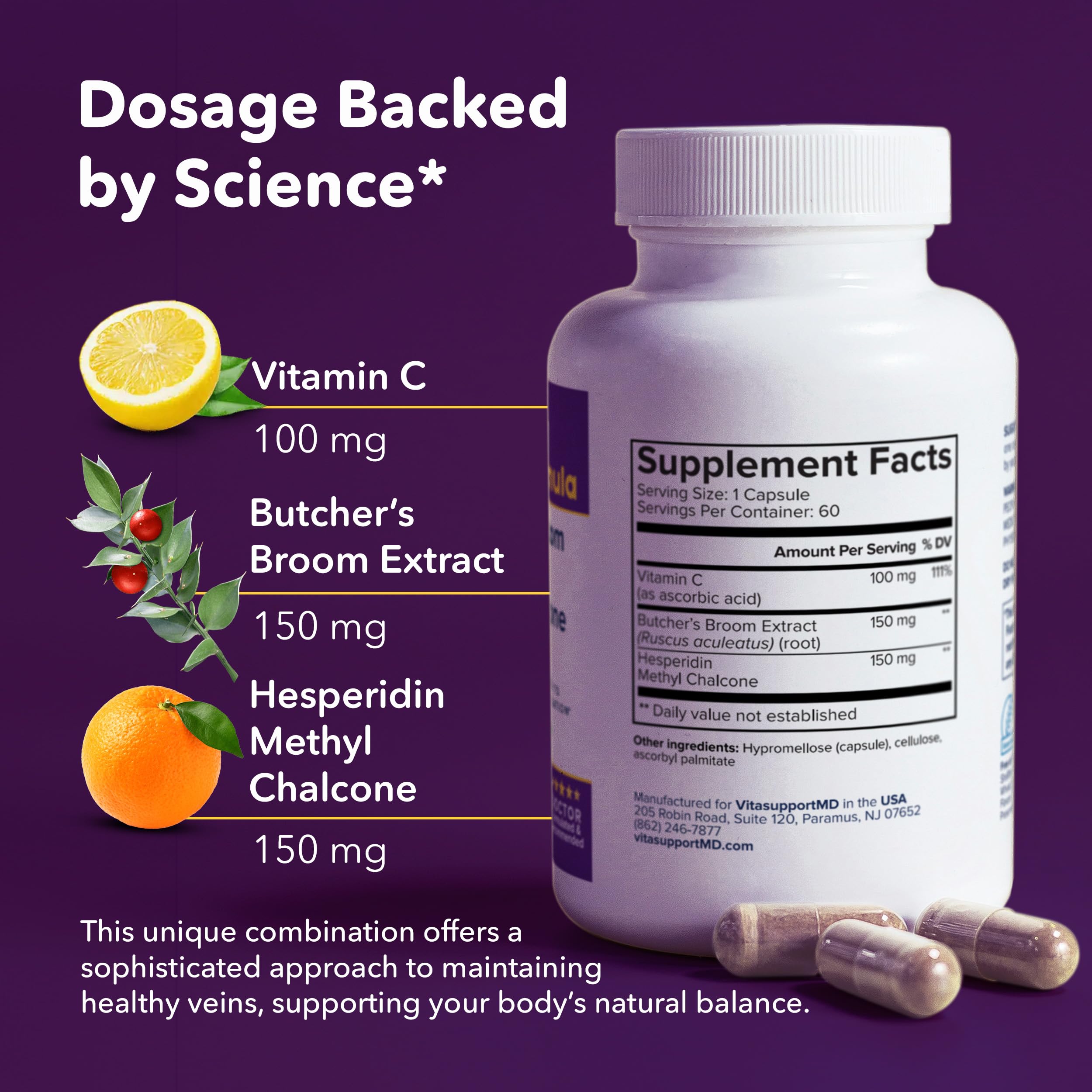 Close-up of key ingredients: Butcher's Broom, Hesperidin Methyl Chalcone, and Vitamin C