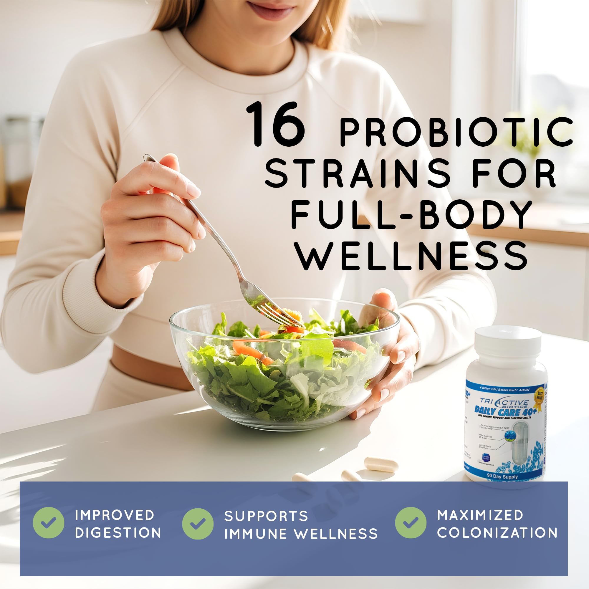 Front view of TriActive Biotics Daily Care bottle