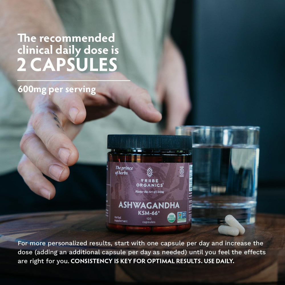 TRIBE ORGANICS Ashwagandha KSM66 capsules being dispensed for workout use.