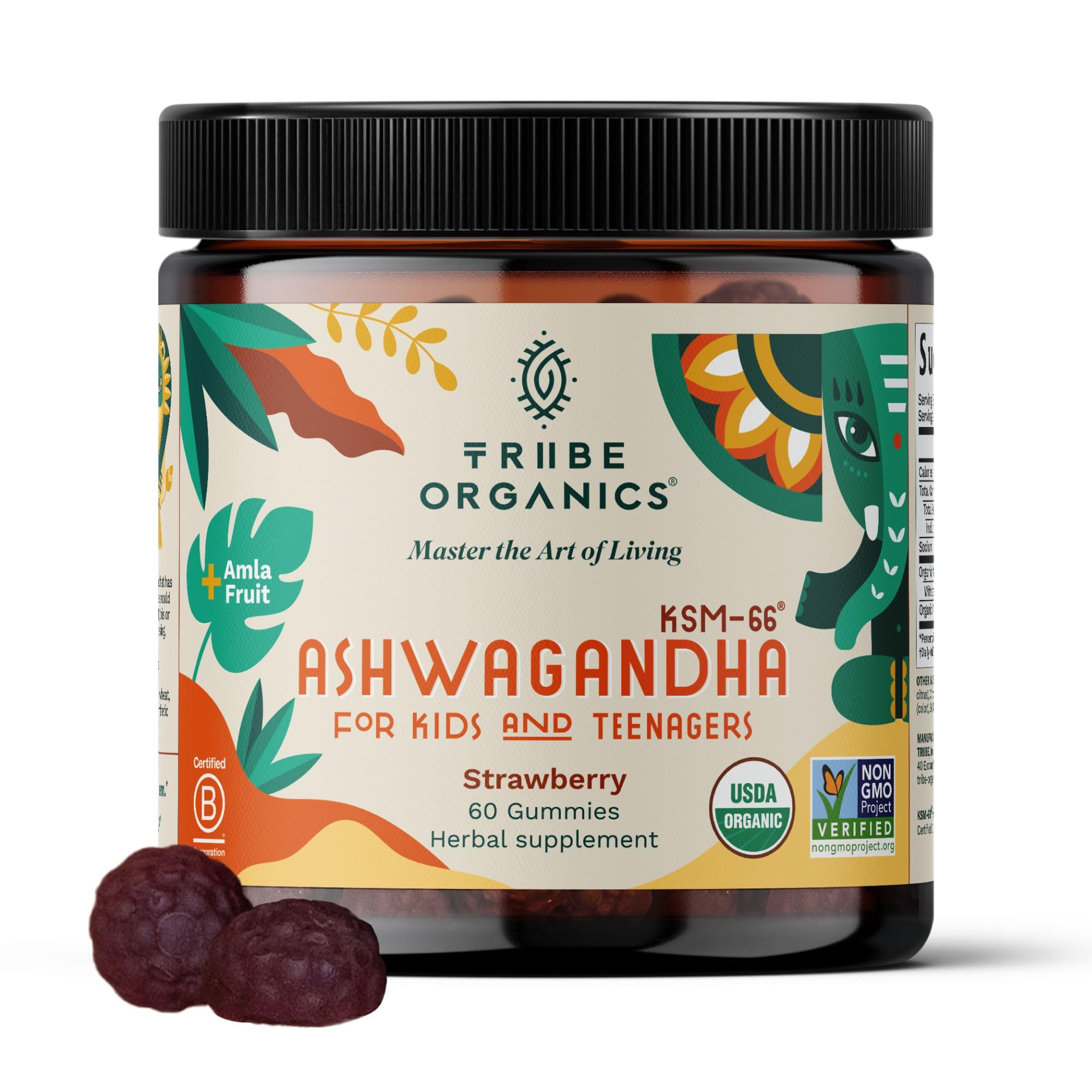 Bottle of Tribe Organics Ashwagandha KSM-66 Gummies for kids and teens