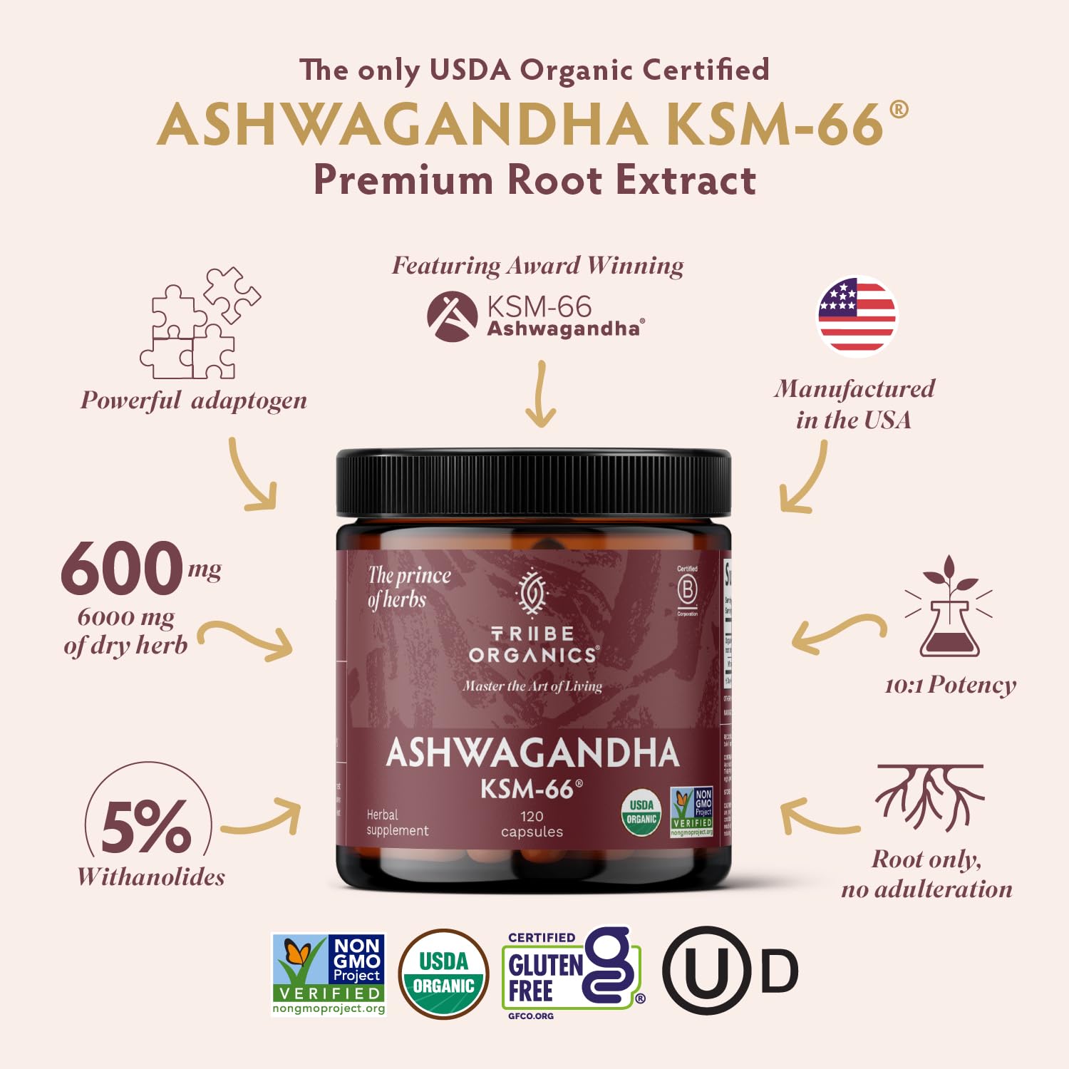TRIBE ORGANICS Ashwagandha KSM66 powder scoop for easy daily use.