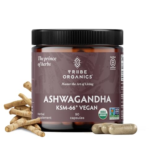 Front view of TRIBE ORGANICS KSM-66 Ashwagandha 600mg capsules