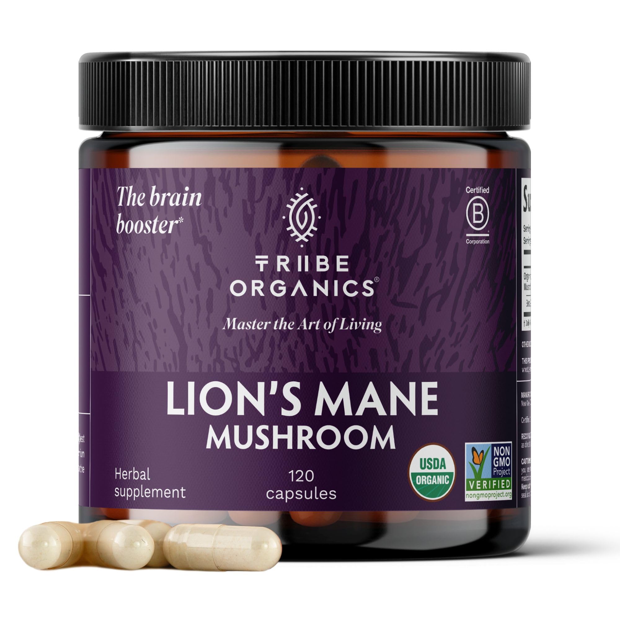 Front view of TRIBE ORGANICS Lion’s Mane 1000mg extract bottle