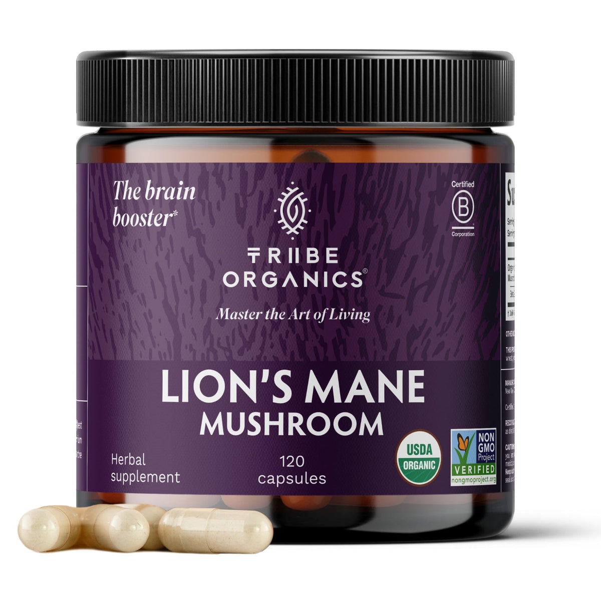 Front view of TRIBE ORGANICS Lion’s Mane 1000mg extract bottle