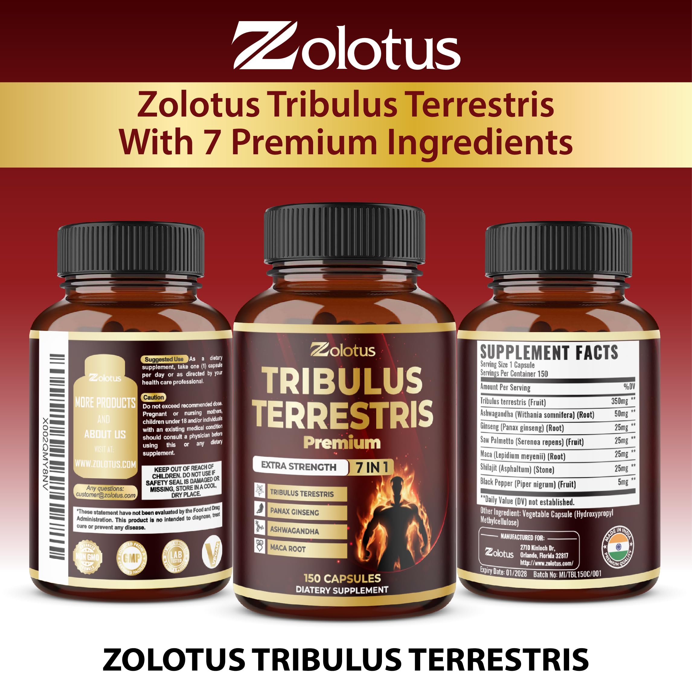 Hand holding Tribulus Terrestris supplement bottle