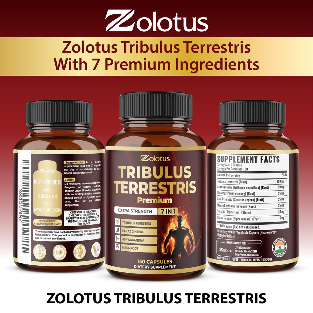 Hand holding Tribulus Terrestris supplement bottle