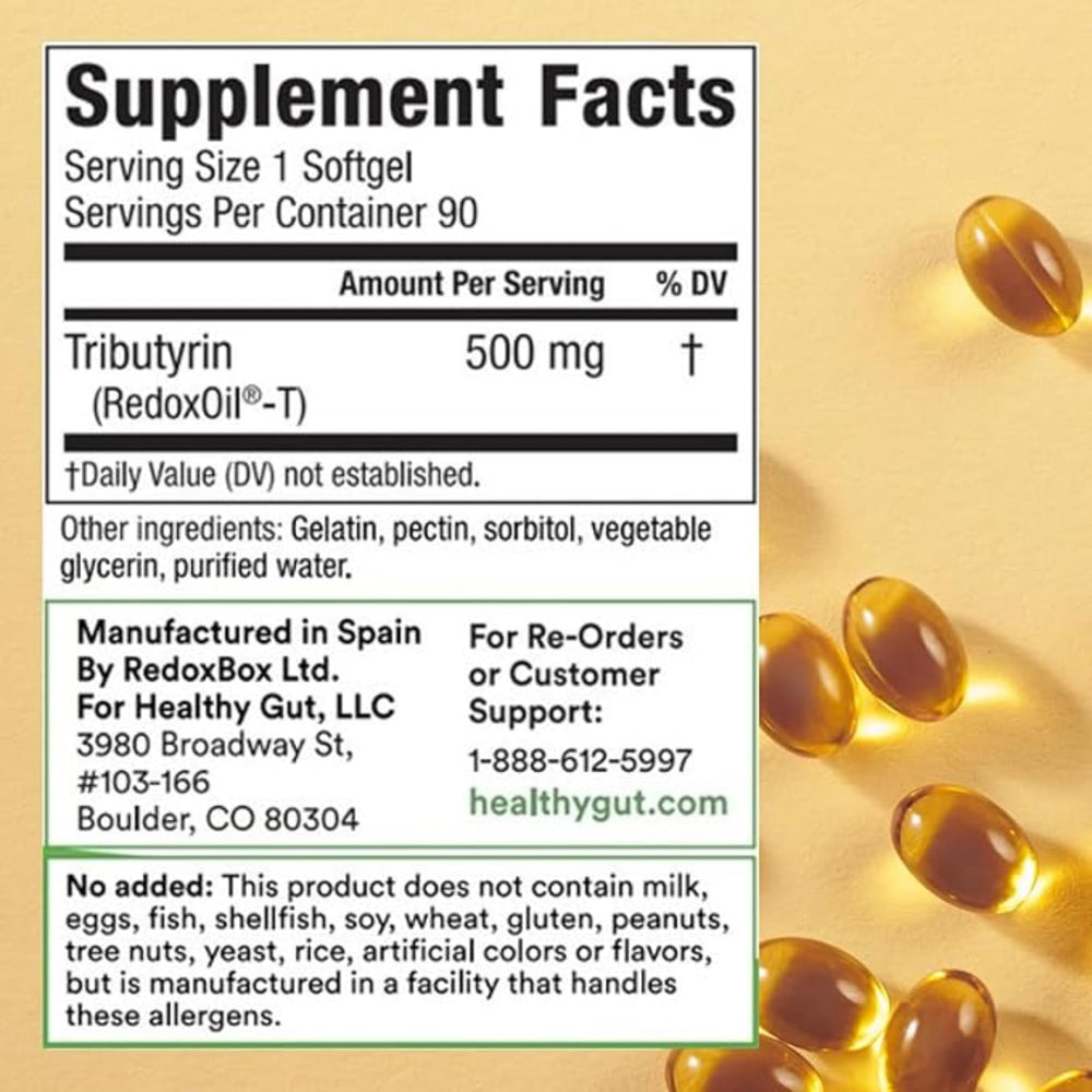 Label showing Tributyrin-X 99.9% purity
