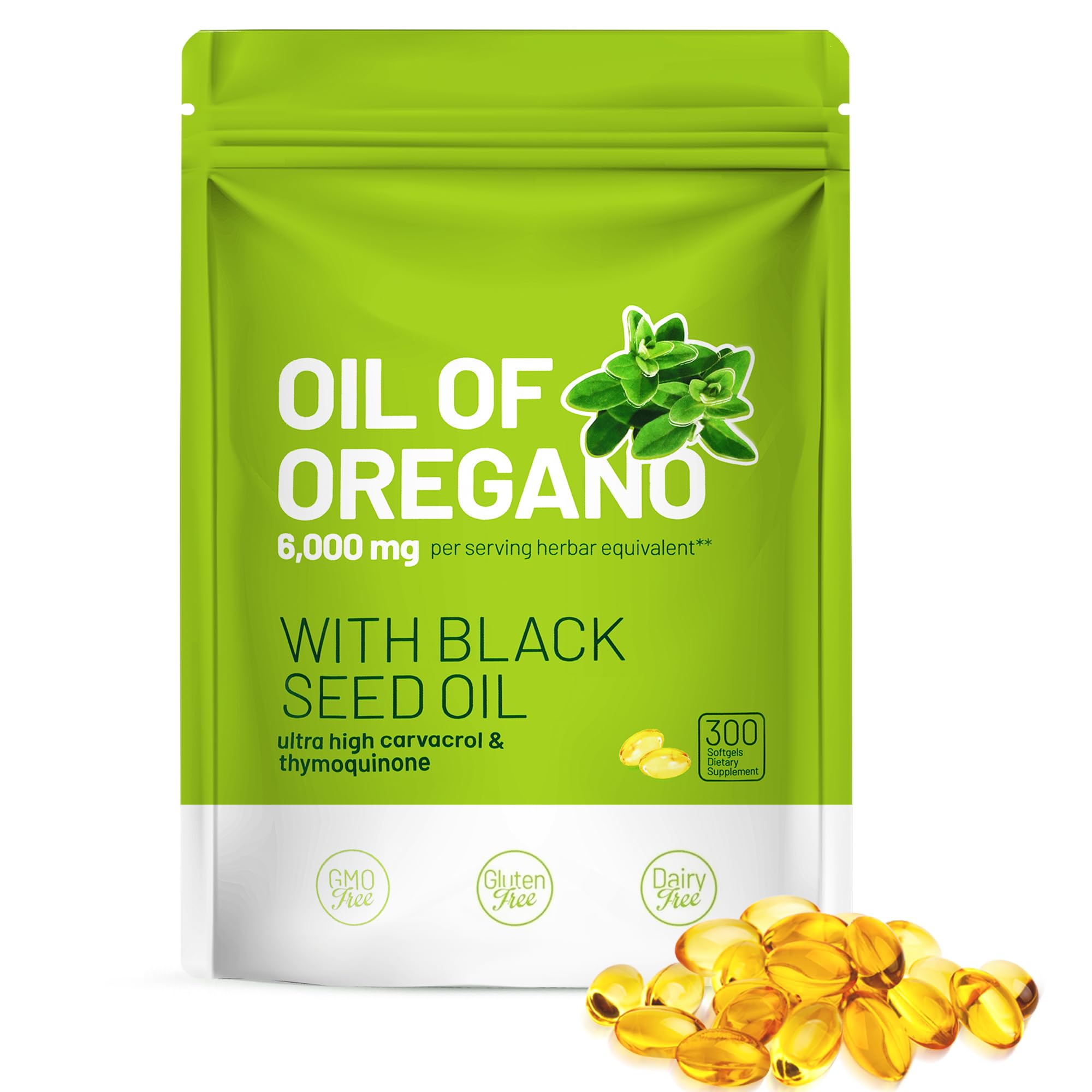 Front view of Trihood Oil of Oregano and Black Seed Oil Softgels bottle with label