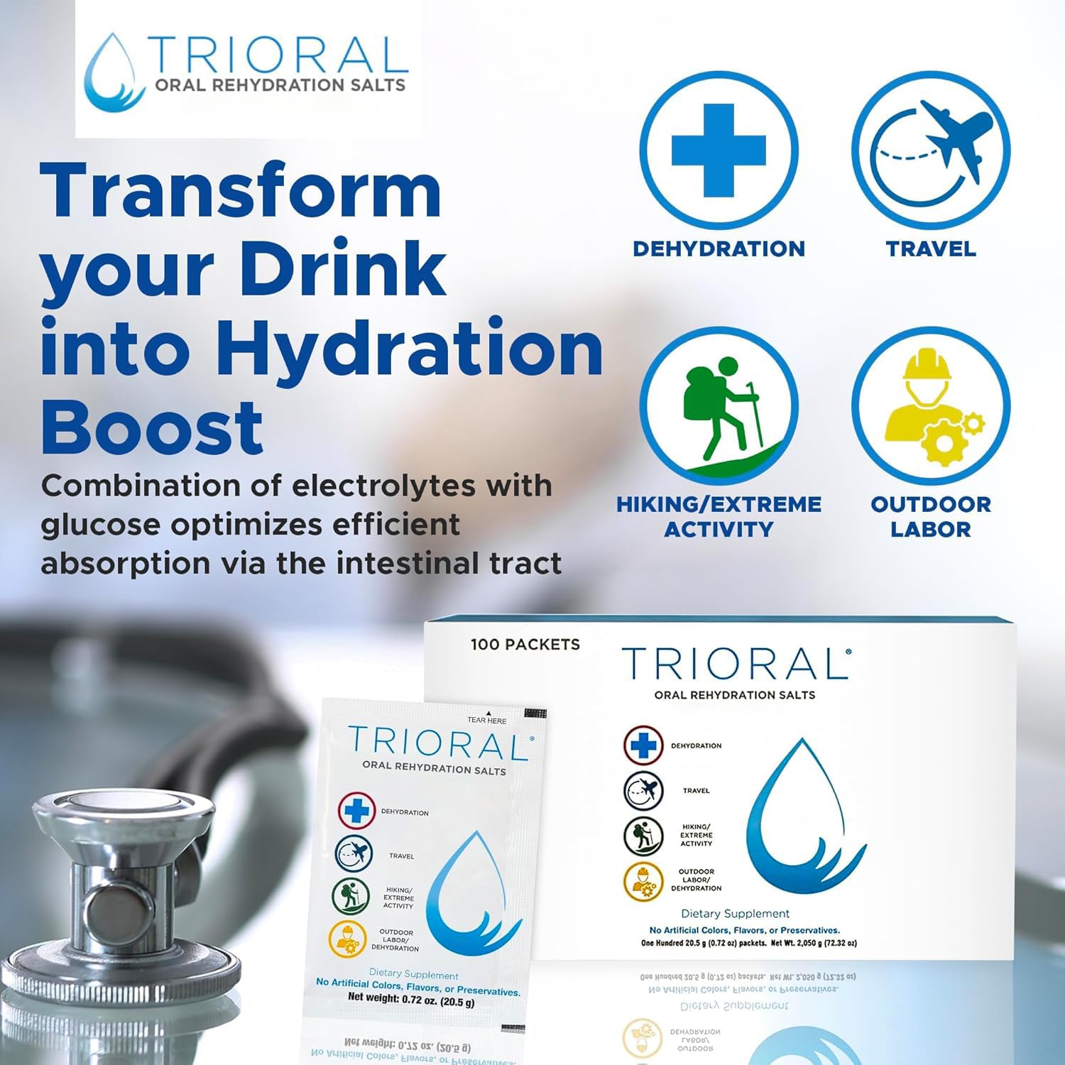 Dissolving TRIORAL powder in water to make a hydrating drink