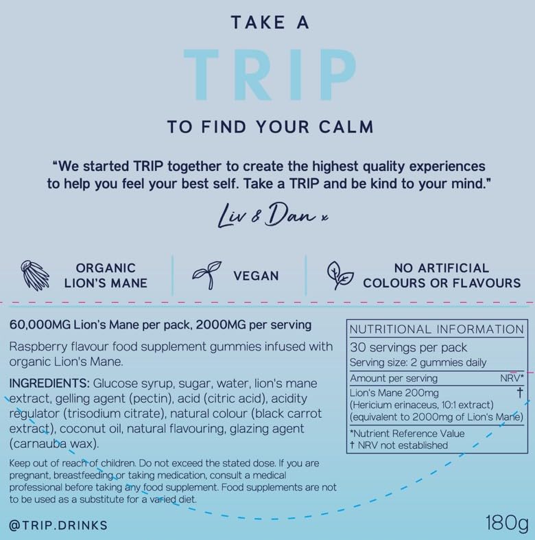 Vegan-friendly TRIP Lion’s Mane Raspberry Gummies packaging