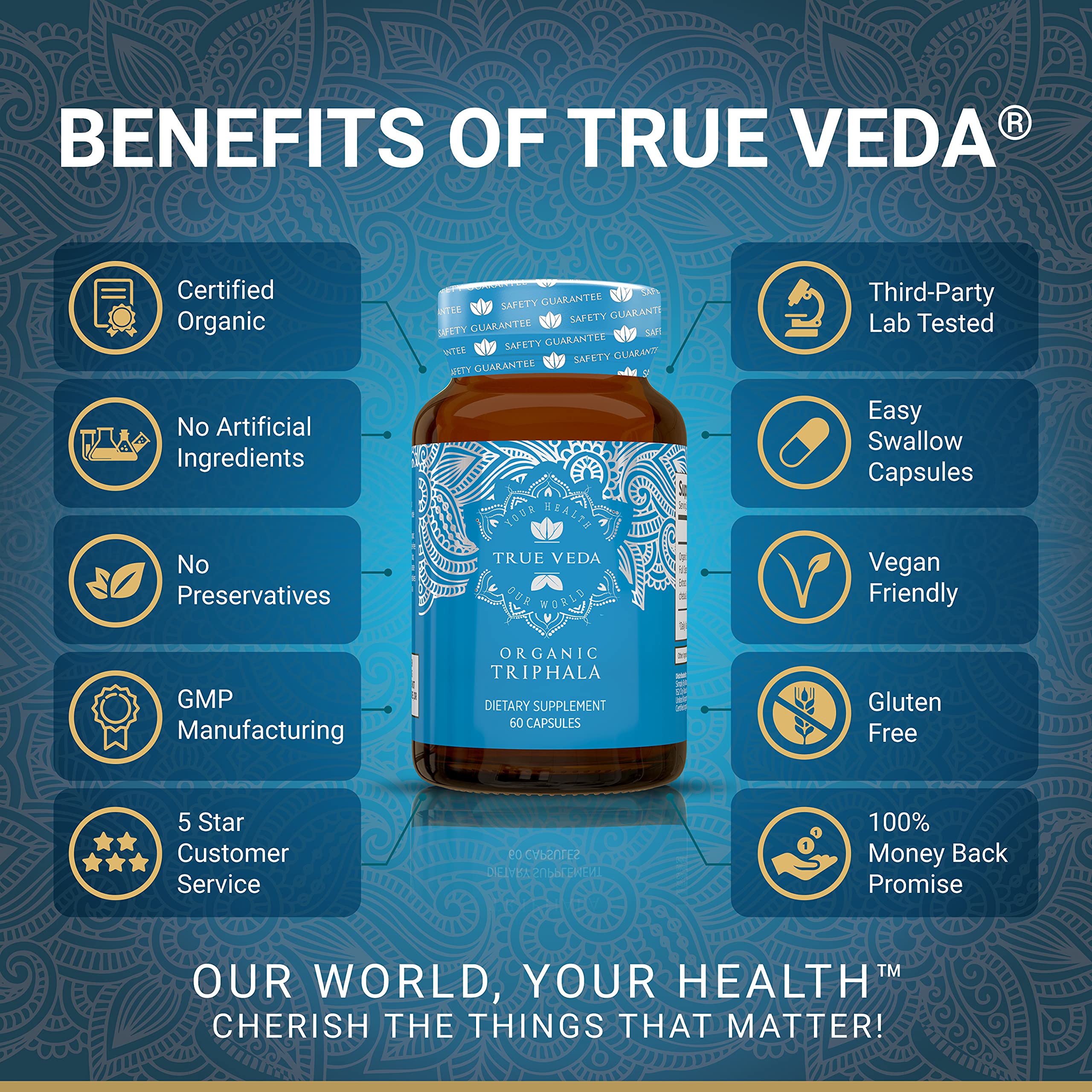 Close-up of vegan Triphala capsules in a bottle