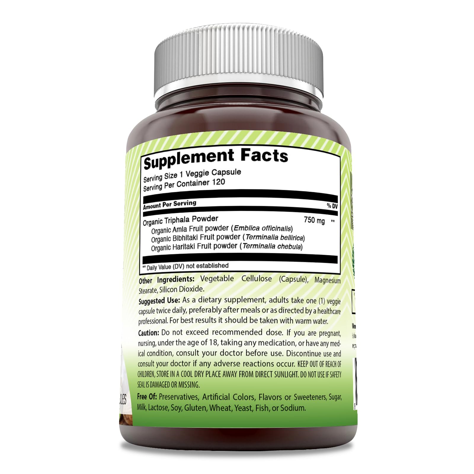Triphala fruit supplement 750 mg per serving with 120 servings per bottle
