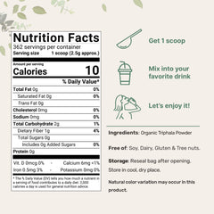 Label on Triphala powder 2 lb canister showing Organic and Non-GMO