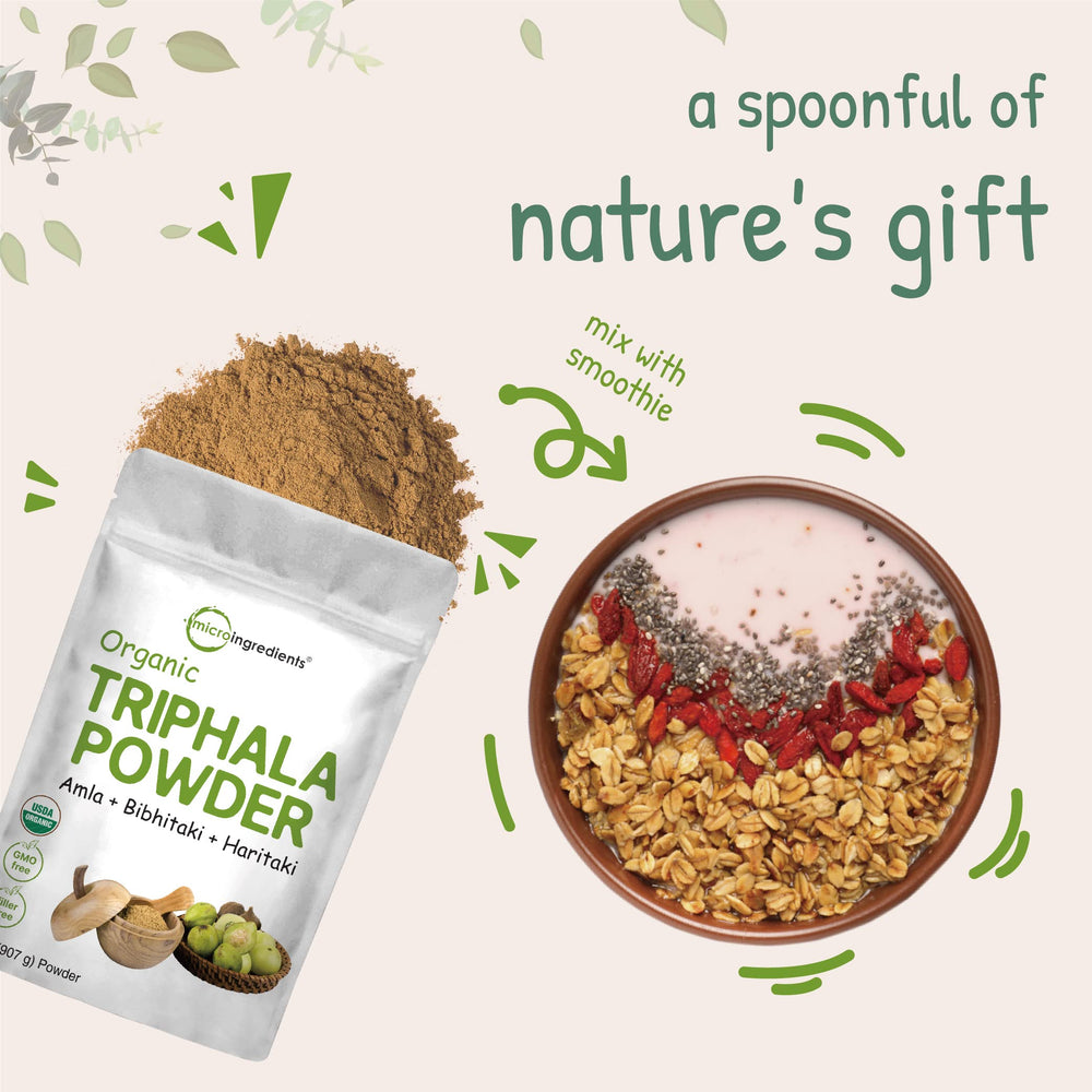Packaging of Triphala Powder highlighting origin and branding