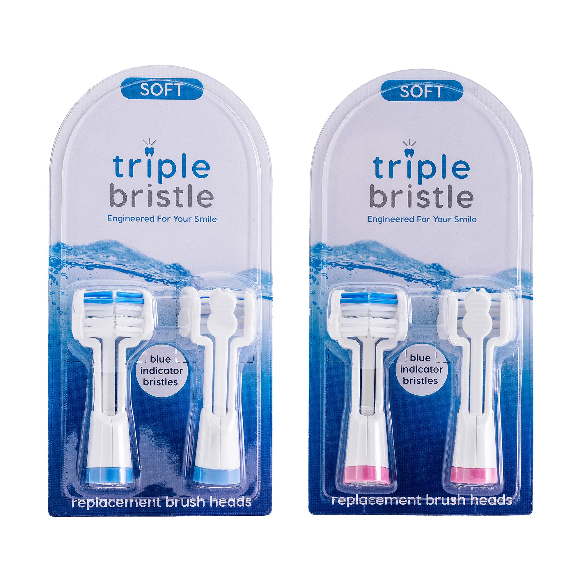 Front view of Triple Bristle 3-sided replacement heads 4-pack in pink and blue