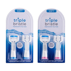 Front view of Triple Bristle 3-sided replacement heads 4-pack in pink and blue