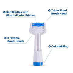 Side view of Triple Bristle 3-sided replacement heads 4-pack in pink and blue