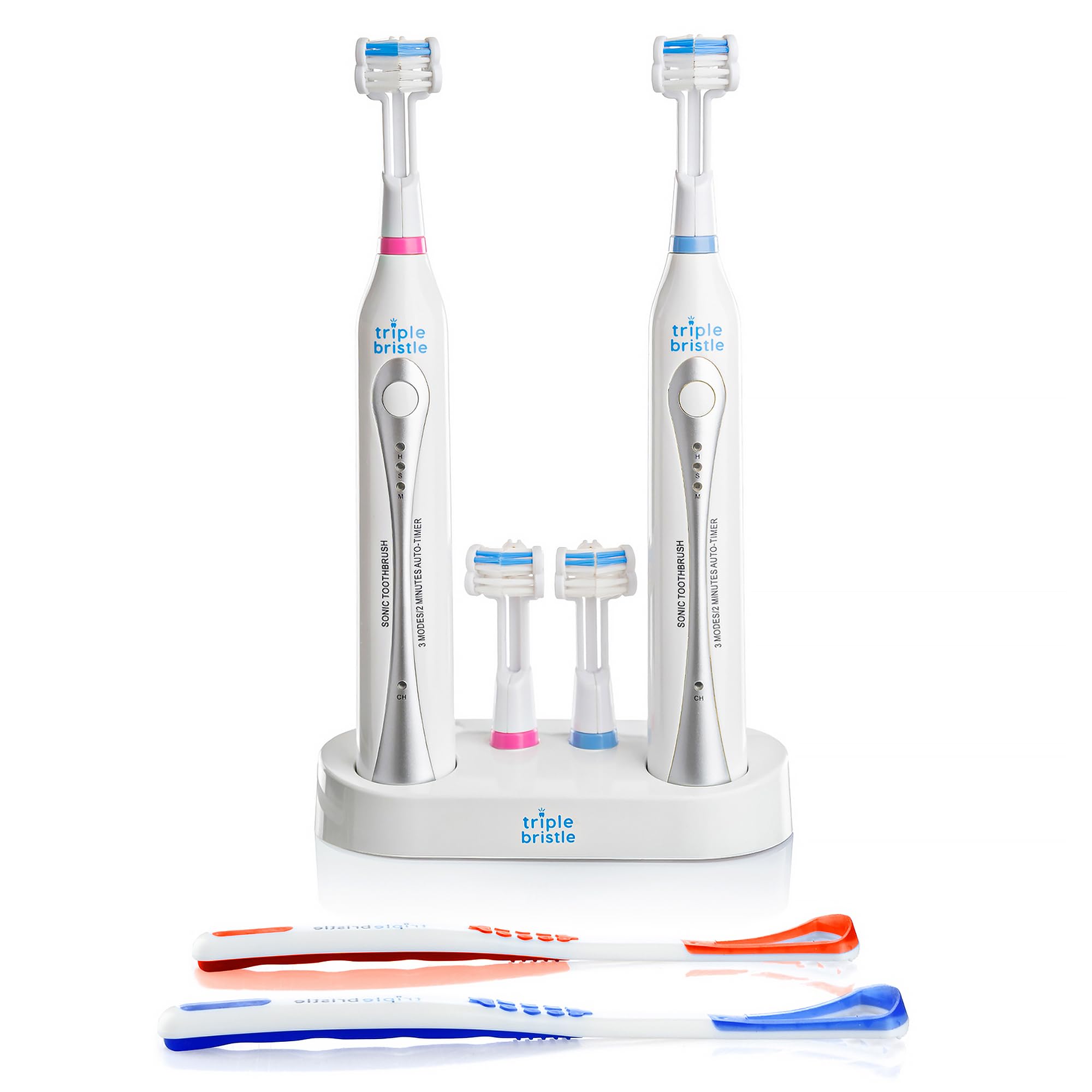 Triple Bristle Duo product image: two electric toothbrushes with dual charging station
