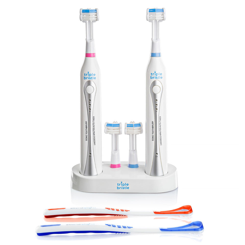 Triple Bristle Duo product image: two electric toothbrushes with dual charging station