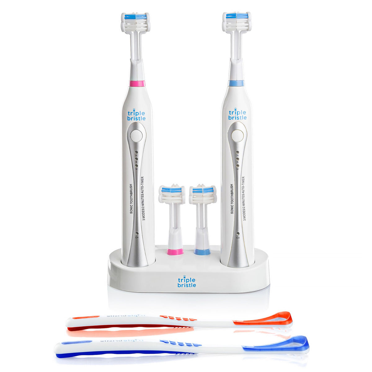 Triple Bristle Duo product image: two electric toothbrushes with dual charging station
