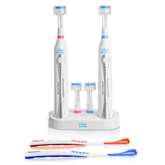 Triple Bristle Duo product image: two electric toothbrushes with dual charging station