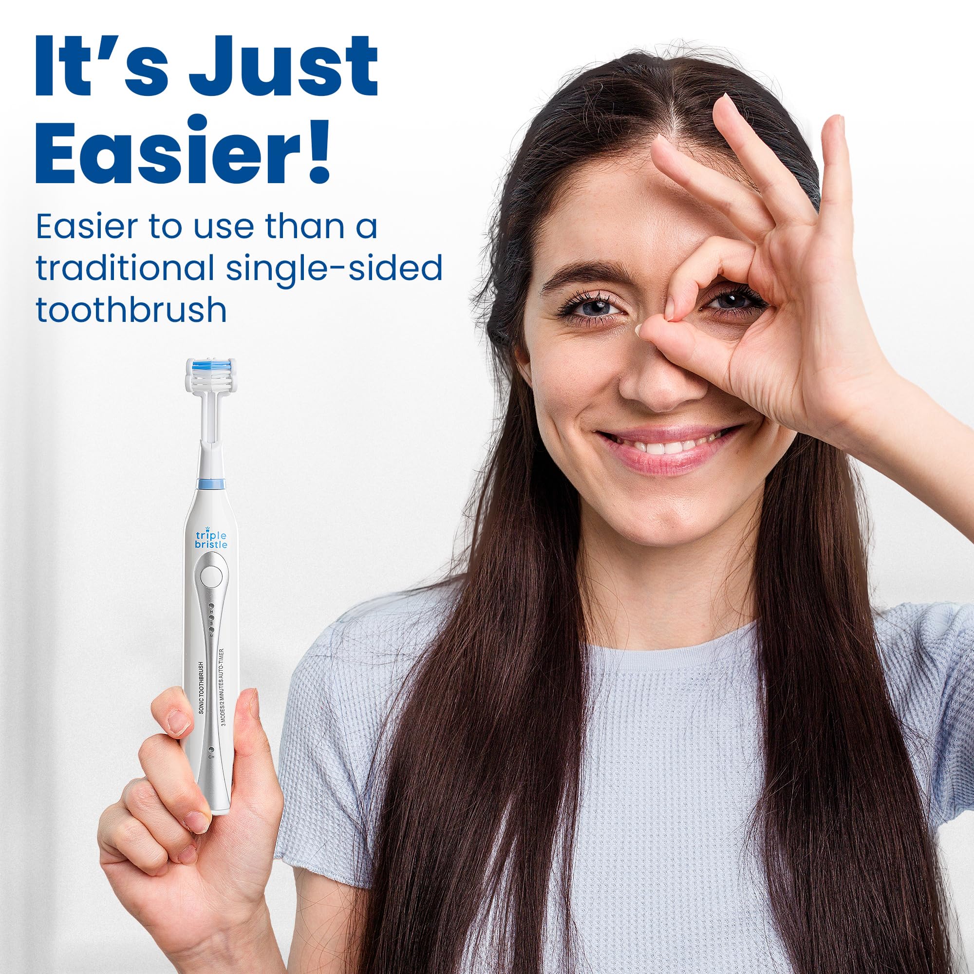 Brush head cleans all three sides of teeth at once