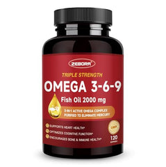Triple Omega 3-6-9 fish oil bottle label showing 2000 mg potency and 60 servings