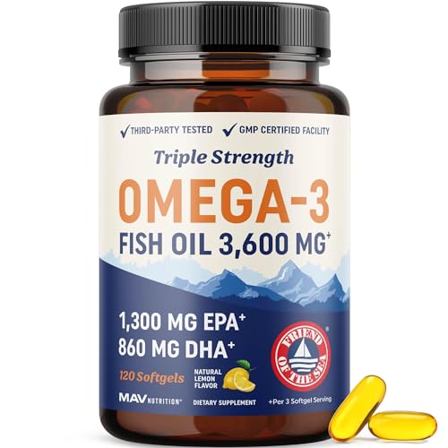 Bottle of triple strength DHA Omega-3 fish oil 3600 mg