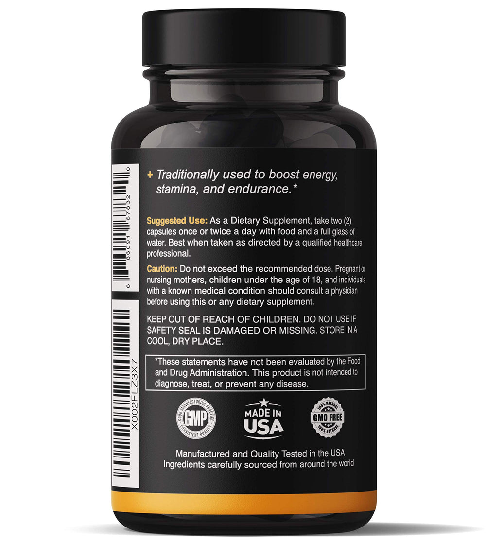 Close-up of triple-strength maca root powder capsules