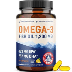 Bottle labeled Triple Strength Omega-3 Fish Oil 1200 mg