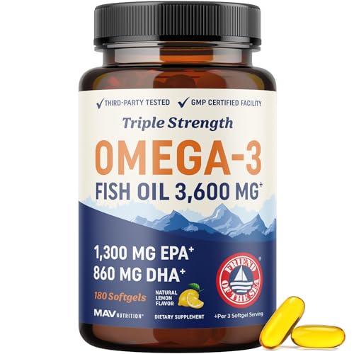 Triple-strength omega-3 fish oil bottle showing 3600 mg total omega-3 per serving, 180-count