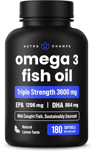 Triple Strength Omega-3 Fish Oil 3600mg with EPA and DHA in 180 lemon-flavored softgels