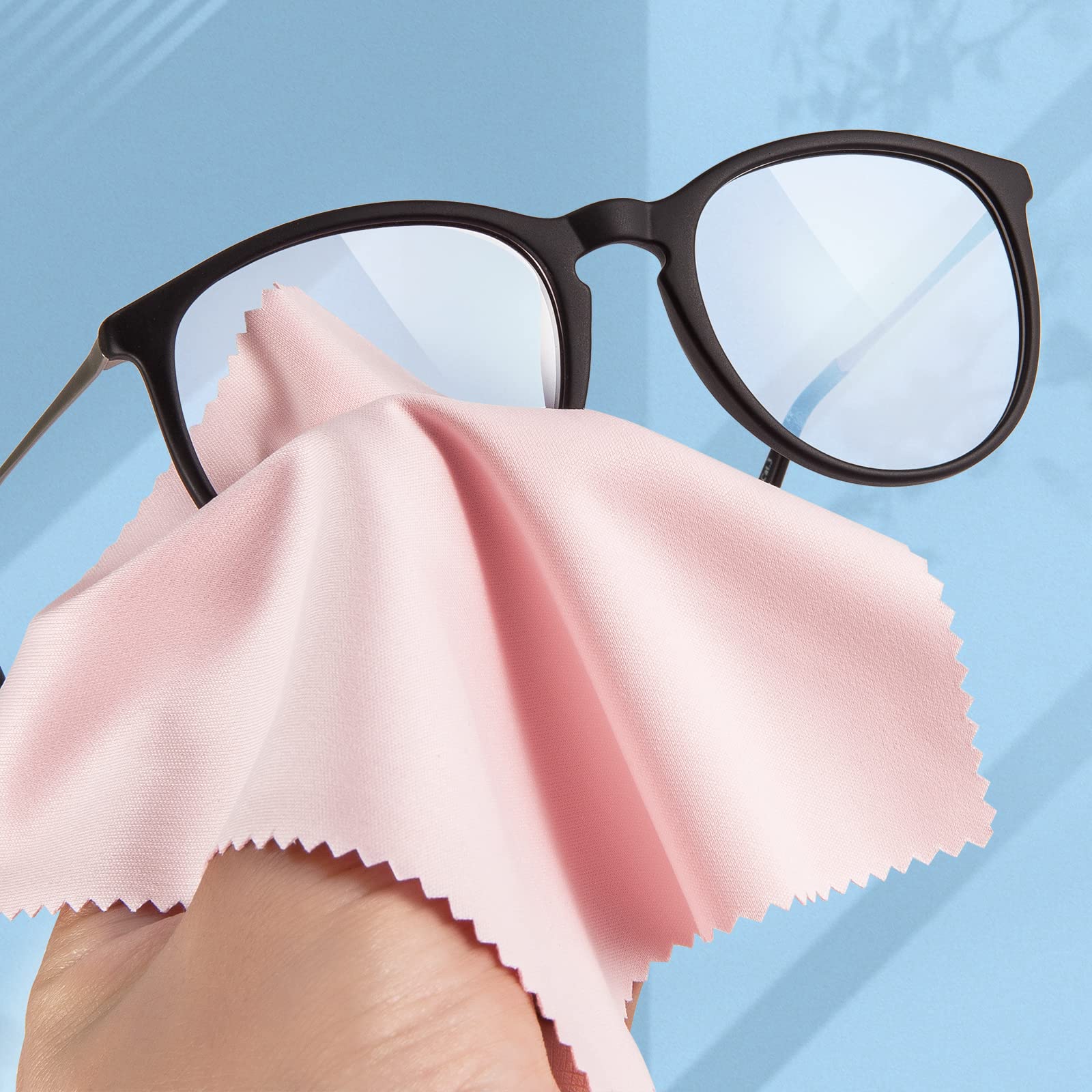 Packaged 12 pink microfiber cloths for eyewear cleaning