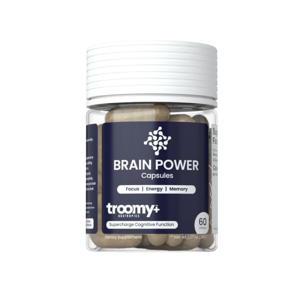 Troomy Brain Power bottle-front showing plant-based daily focus support