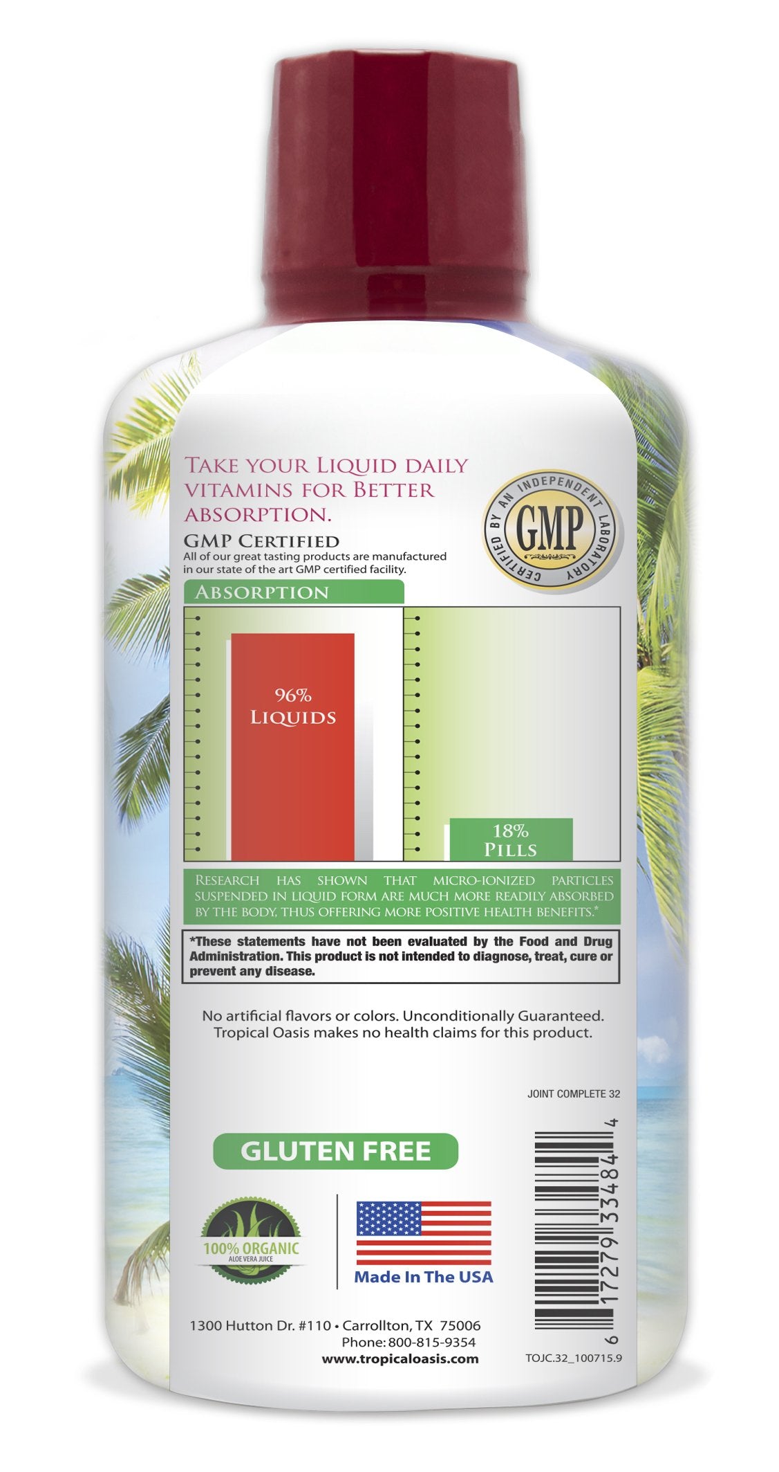 Tropical Oasis MSM liquid image suggests joint health support benefits.