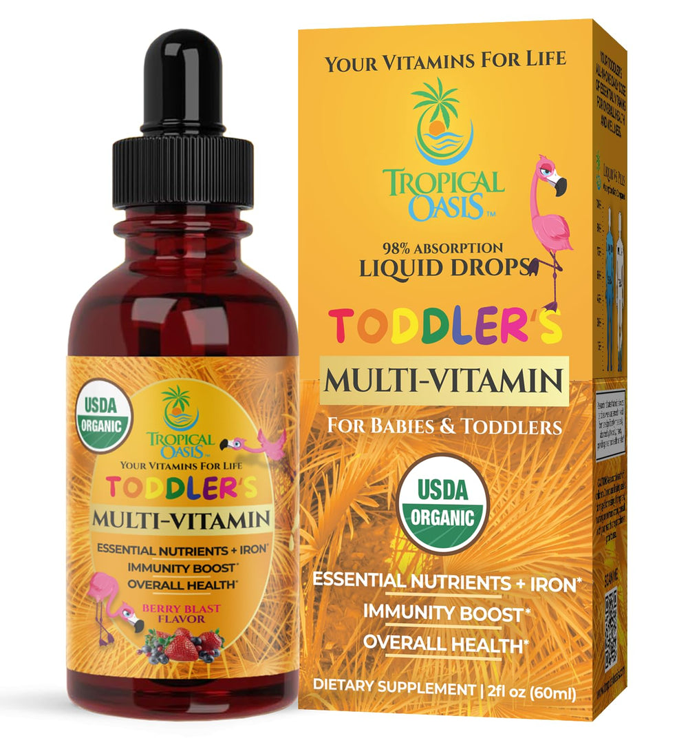 Tropical Oasis Organic Liquid Multivitamin for Toddlers in berry flavor bottle