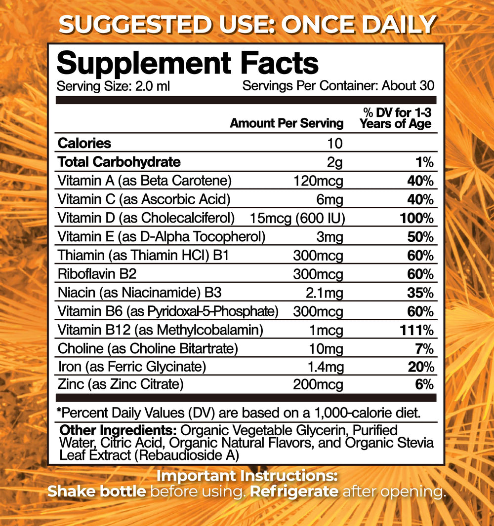 Toddlers liquid multivitamin bottle with berry flavor