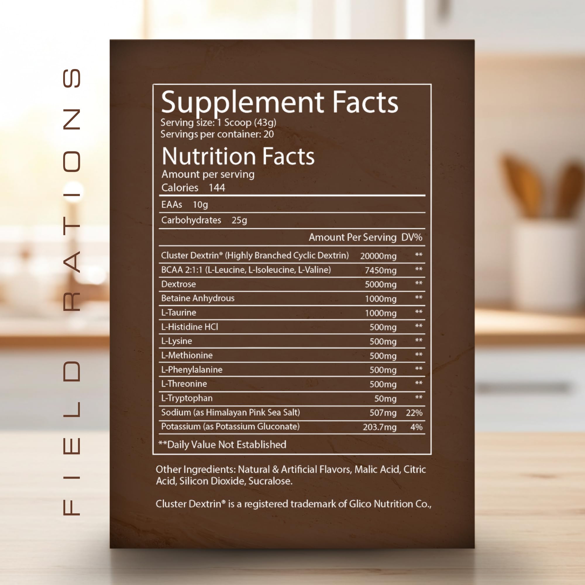 Troponin Field Rations label-closeup highlights EAAs and HBCD blend for muscle support.