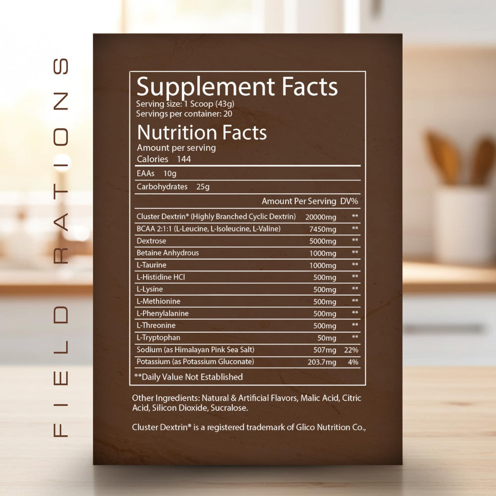 Troponin Field Rations label-closeup highlights EAAs and HBCD blend for muscle support.