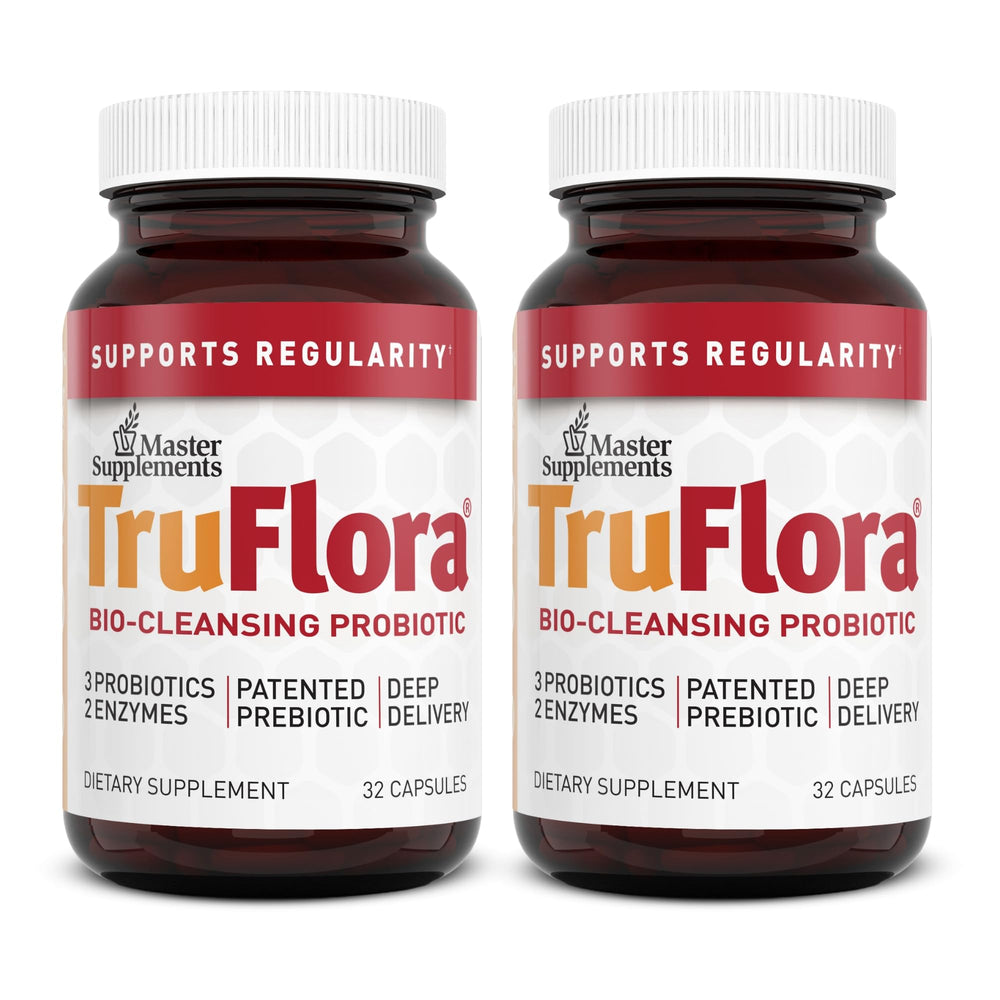 Hero image of TruFlora 64 servings pack of 2 bottles showing probiotic-enzyme blend