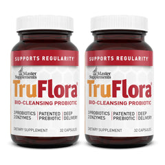Hero image of TruFlora 64 servings pack of 2 bottles showing probiotic-enzyme blend