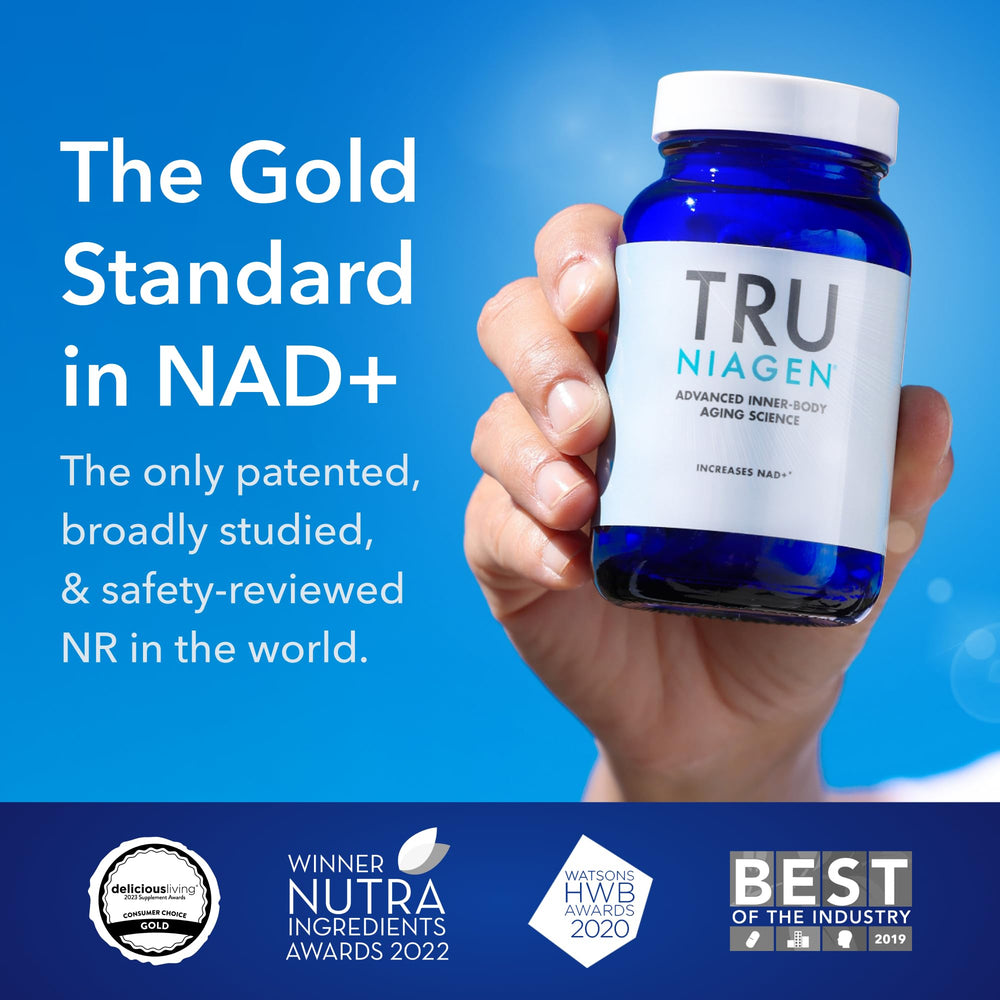 Healthy lifestyle concept with Tru Niagen bottle and capsules