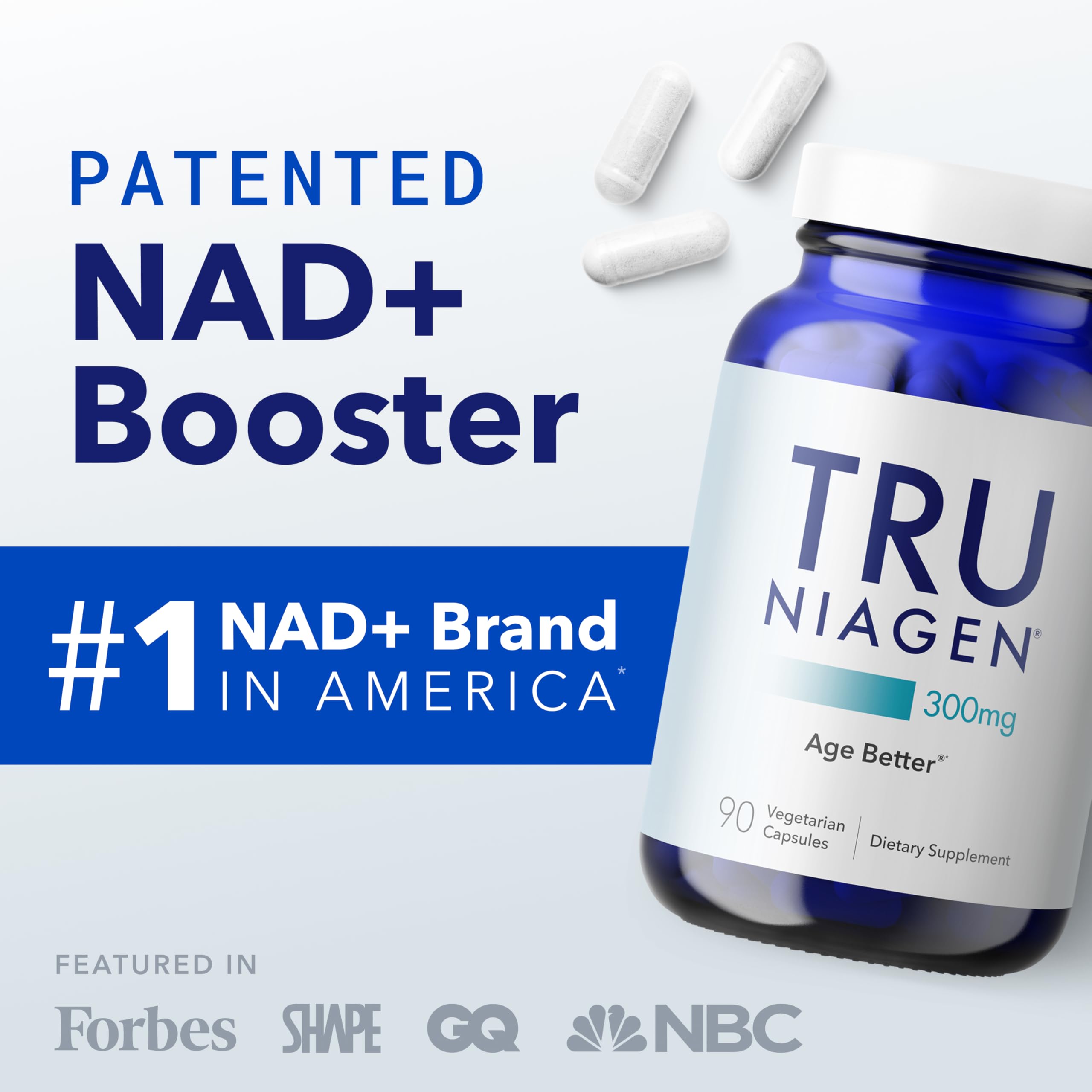 TRU NIAGEN bottle close-up highlighting NAD+ and NR labeling