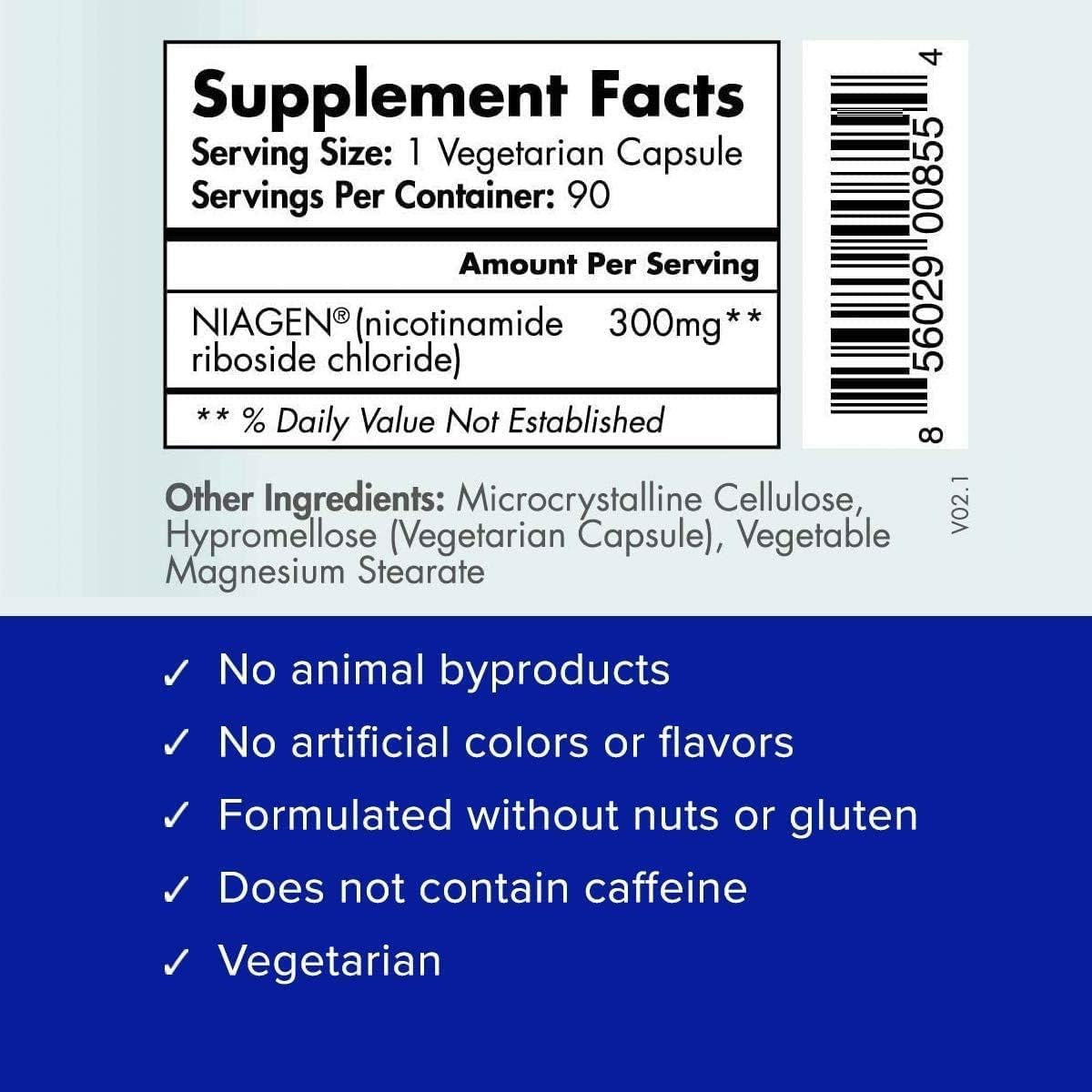 Ingredients panel and safety information for Tru Niagen