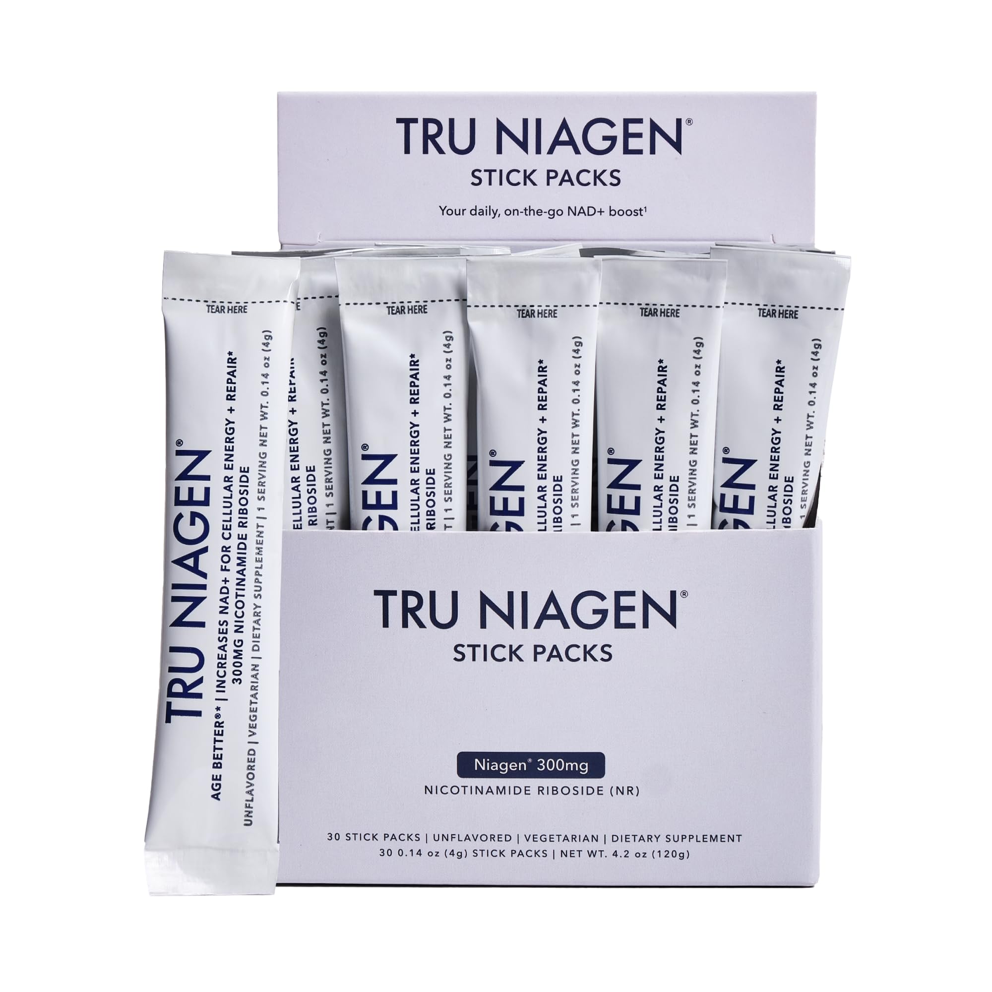 Tru Niagen NAD+ booster stick packs front view, 30-count, 300mg