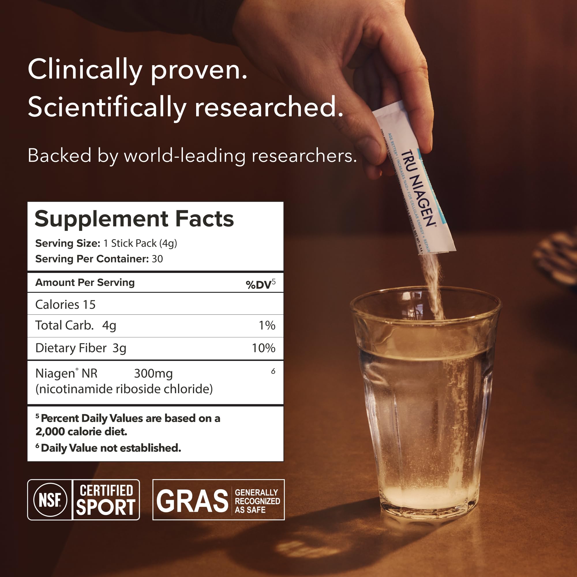 Close-up of Niagen NR powder and prebiotic fiber in a stick