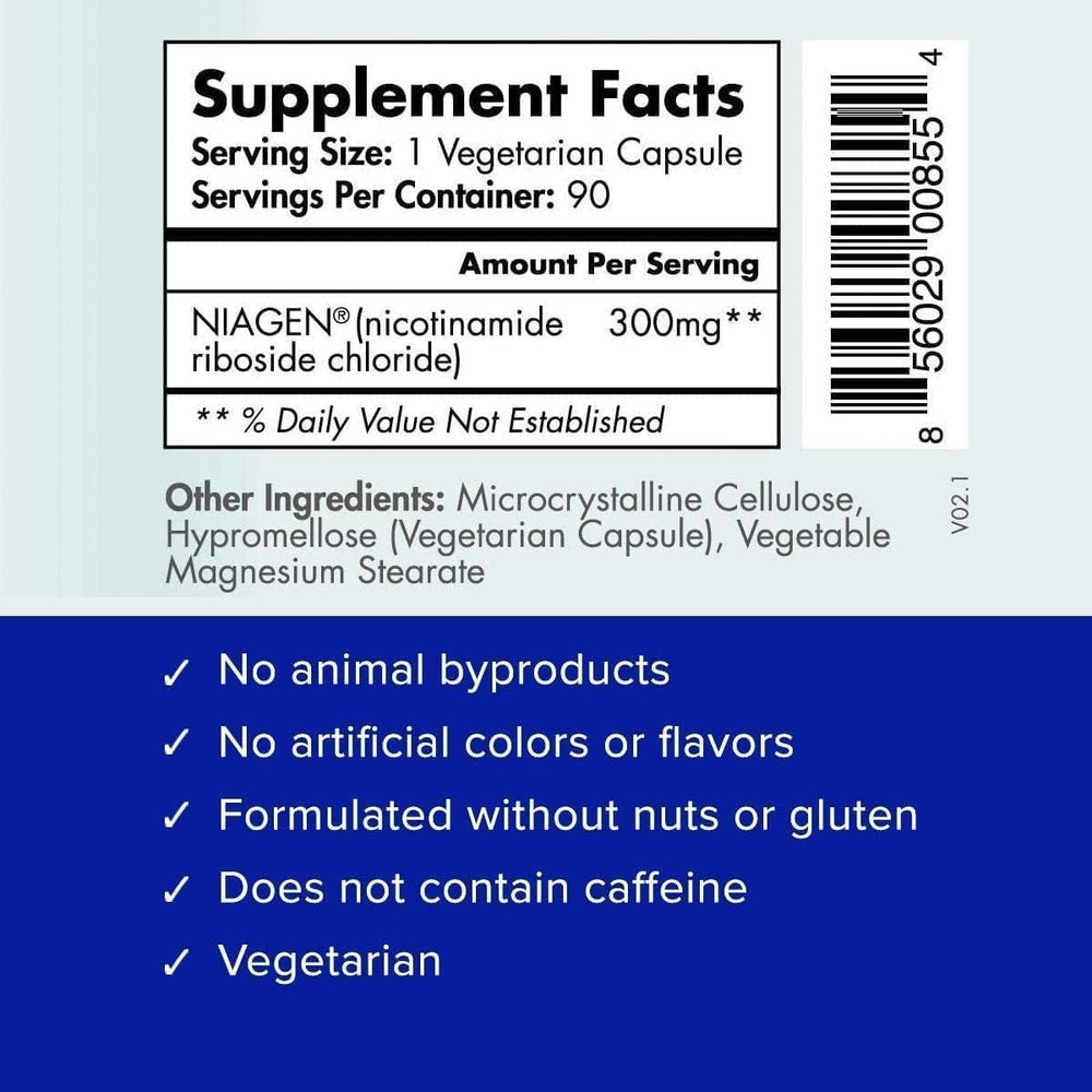 Tru Niagen packaging and label on a white surface