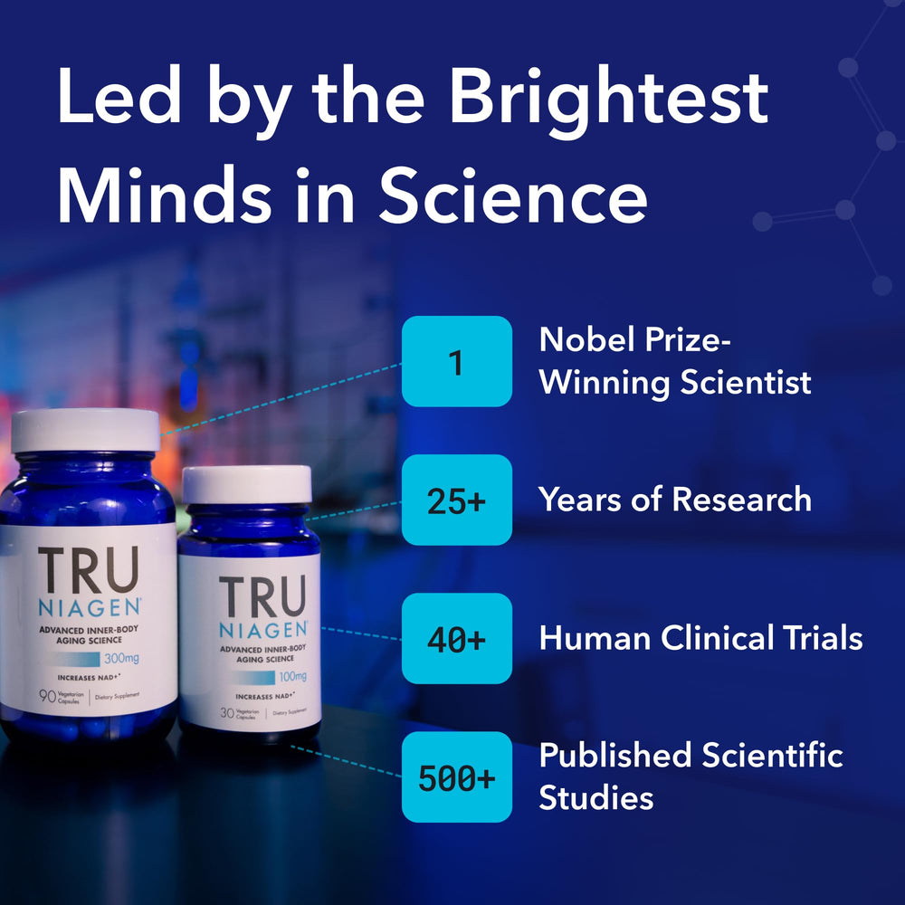TRU NIAGEN two-bottles display showing convenient NAD+ support for ongoing wellness.