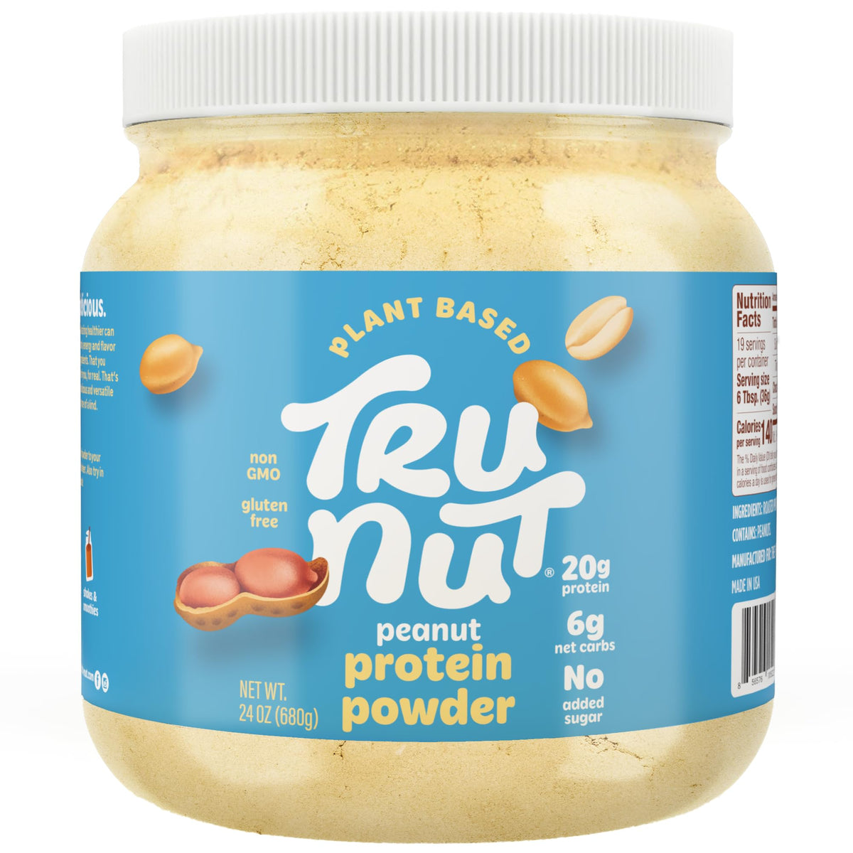 Front view of Tru-Nut Vegan Peanut Protein Powder 24oz can